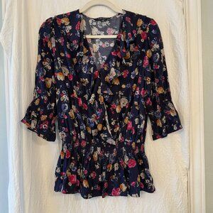 LAUREN Ralph Lauren Black Label Ruffle Trim Black Floral Top Size M